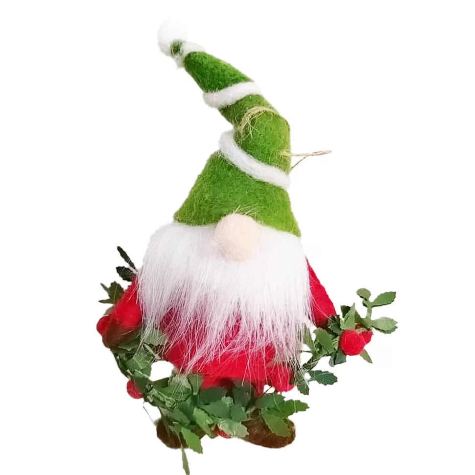 Christmas Forever ORN WOOL GNOME WITH HOLLY LEAF GARLAND 5.5″