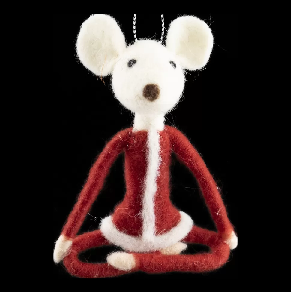 Christmas Forever ORN WOOL MOUSE 3.25 RED DRESS W/YOGA POSE