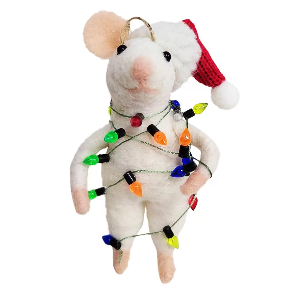 Christmas Forever ORN WOOL MOUSE 4.5″W/ LIGHT GARLAND