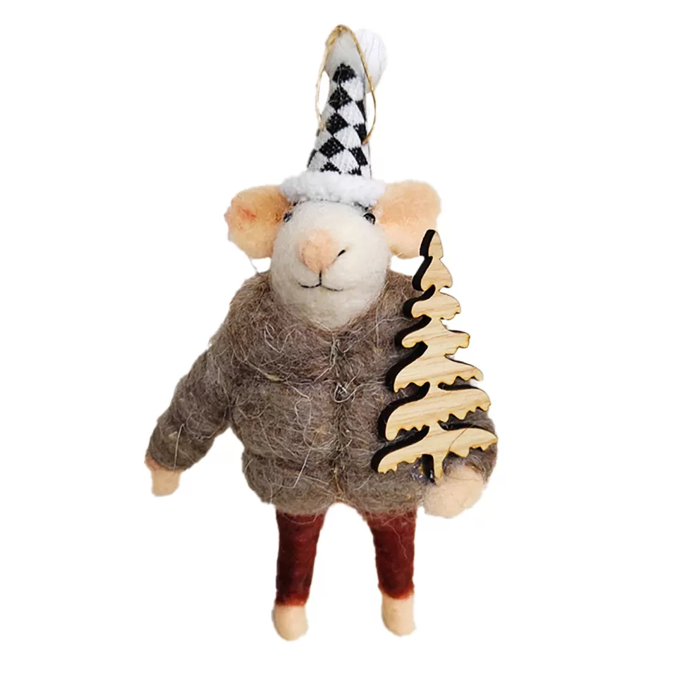 Christmas Forever ORN WOOL MOUSE 5.5″ BROWN FUR COAT WITH CHRISTMAS TREE