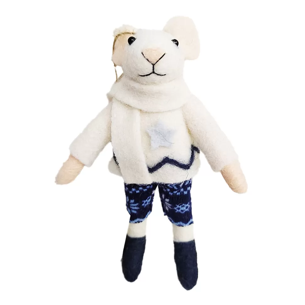 Christmas Forever ORN WOOL MOUSE 5.5″ W/ BLUE PANTS & WHITE SCARF