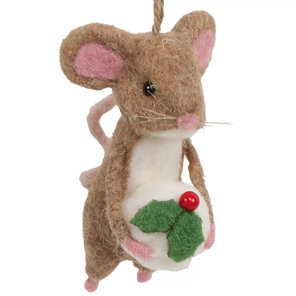 Christmas Forever ORN WOOL MOUSE 5″ BROWN/WHITE HOLDING A CAKE
