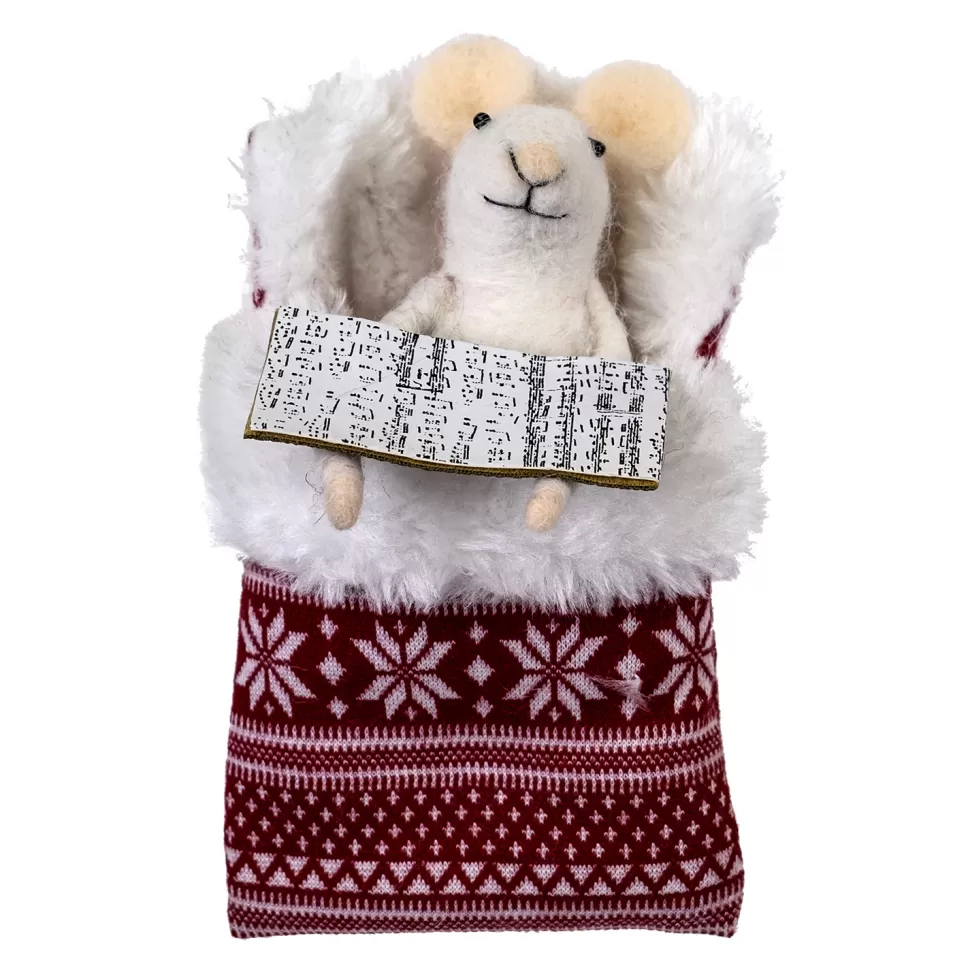 Christmas Forever ORN WOOL MOUSE 5″ READING IN BED RED NORDIC PRNT