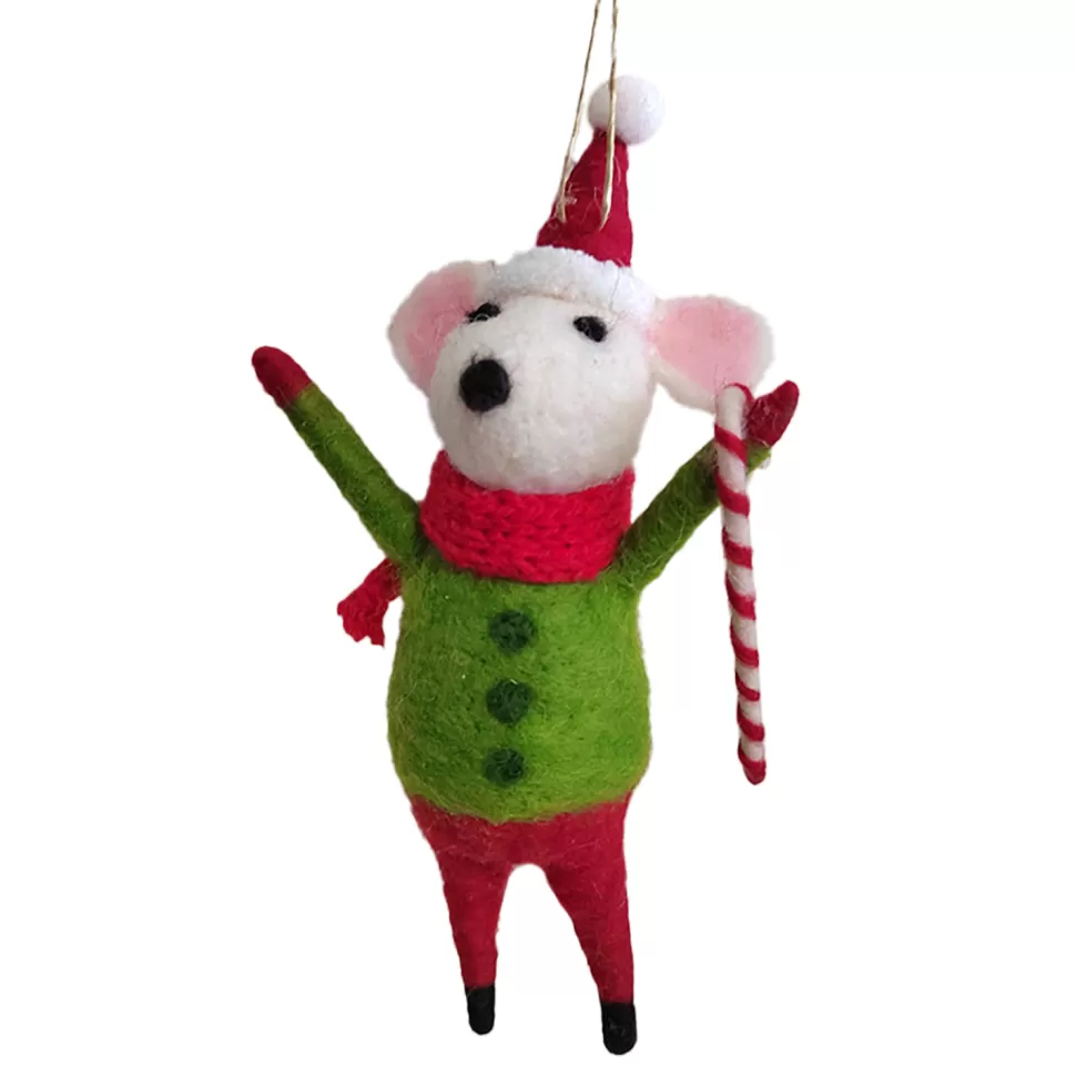 Christmas Forever ORN WOOL MOUSE 5.” W/ CANDY CANE