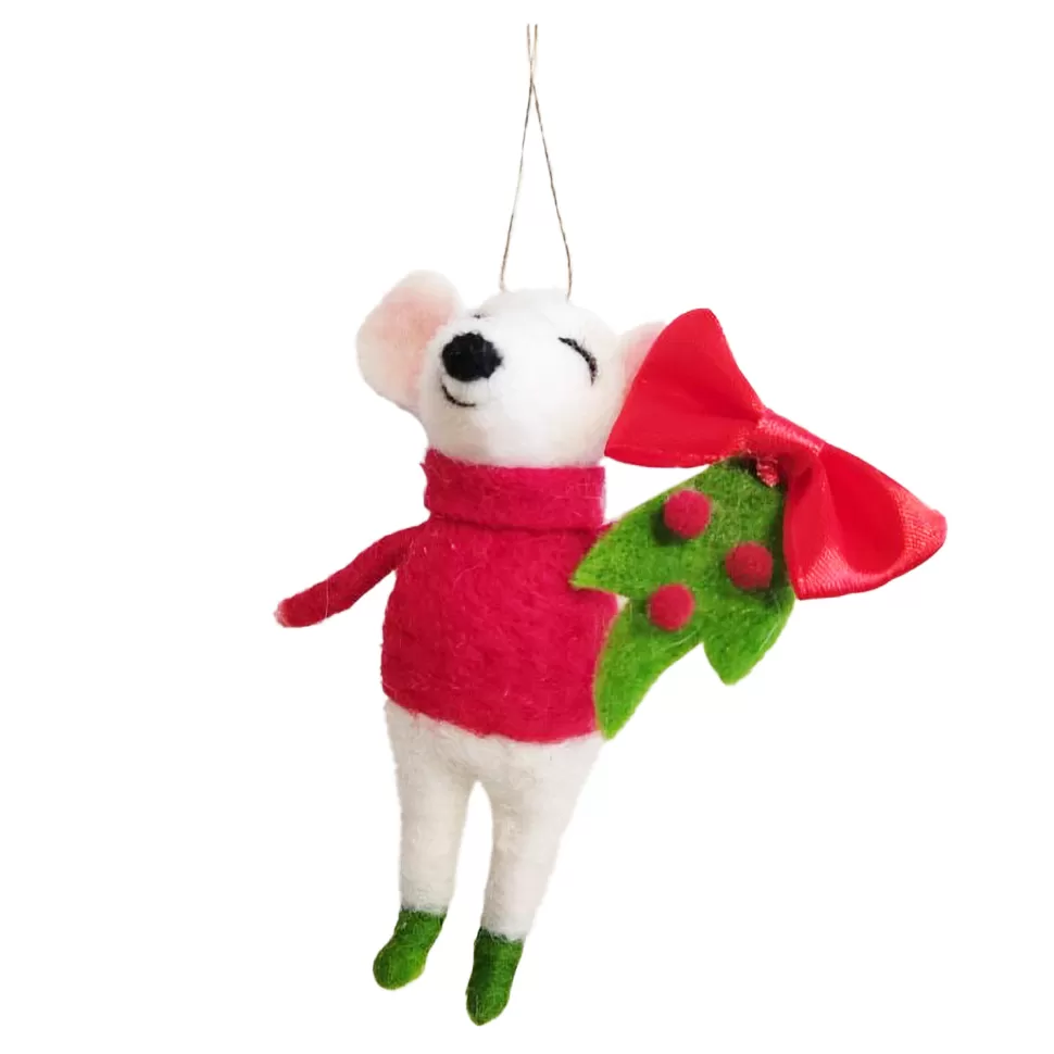 Christmas Forever ORN WOOL MOUSE 5″ W/ RED BOW