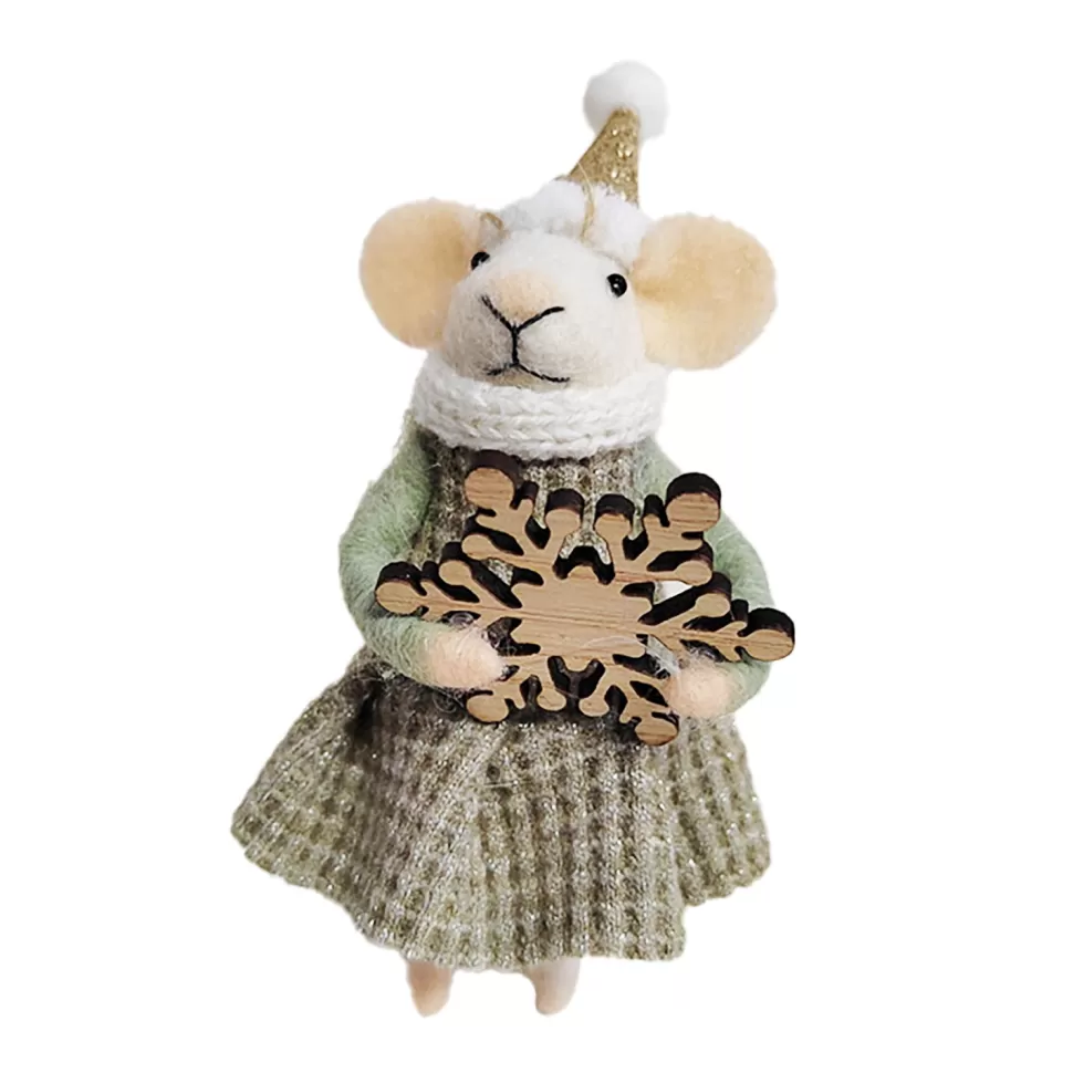 Christmas Forever ORN WOOL MOUSE 6″ GREEN DRESS W/ WOODEN SNOWFLAKE