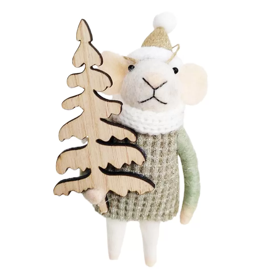 Christmas Forever ORN WOOL MOUSE 6″ GREEN SWEATER WITH WOODEN CHRISTMAS TREE