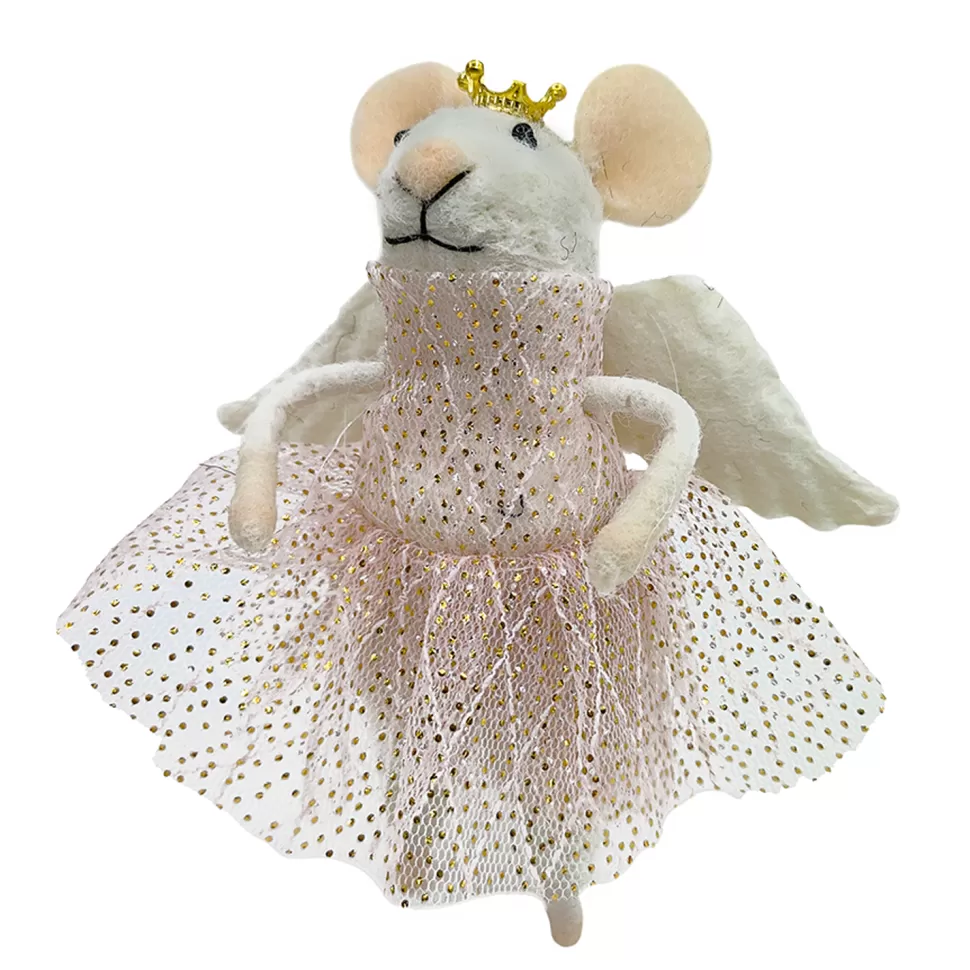 Christmas Forever ORN WOOL MOUSE ANGEL W/ SKIRT & CROWN 4.5″ PINK/GOLD
