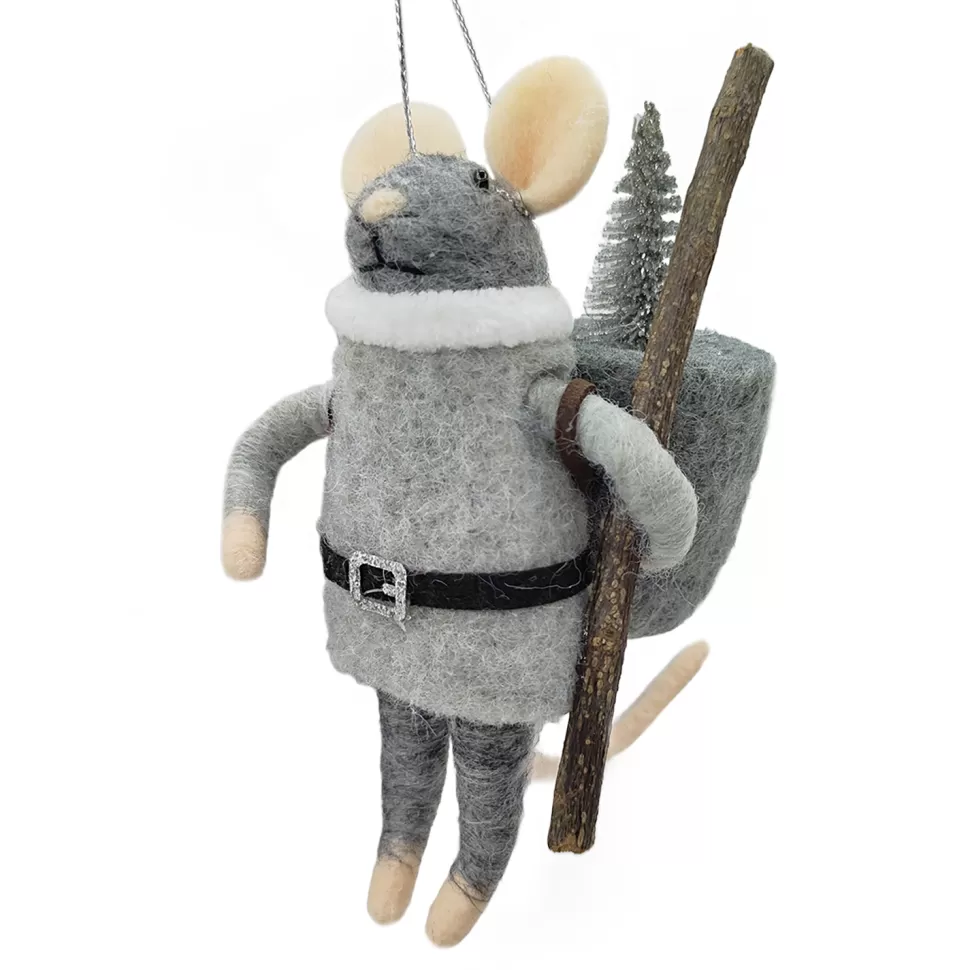 Christmas Forever ORN WOOL MOUSE BAGPACK W/ TREE 5″ GREY/BLACK