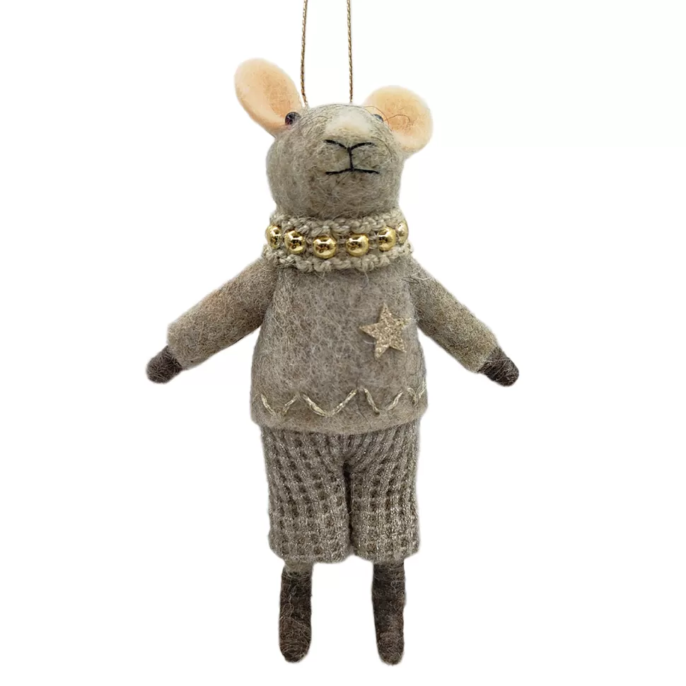 Christmas Forever ORN WOOL MOUSE BOY W/ TWEED PANTS 6.5″ GREY/BROWN