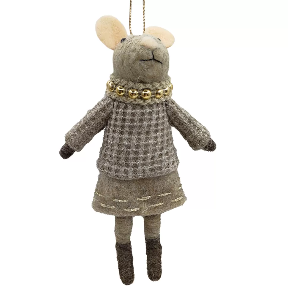 Christmas Forever ORN WOOL MOUSE GIRL W/ TWEED SWEATER 6.5″ GREY/BROWN