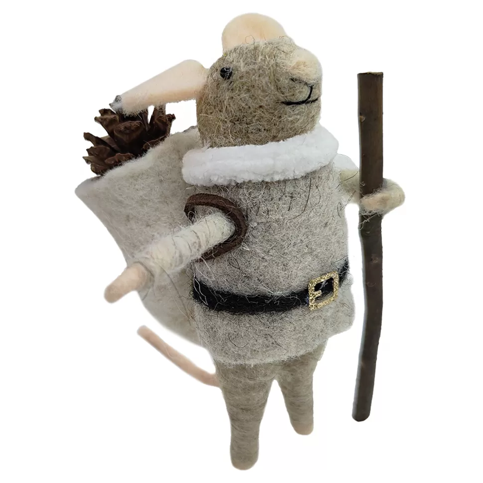 Christmas Forever ORN WOOL MOUSE HIKING W/ CONE & SACK 5″ GREY/BROWN