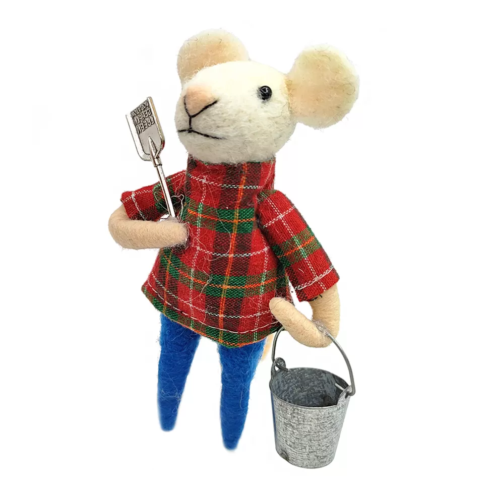 Christmas Forever ORN WOOL MOUSE HOLDING A SHOVEL & BUCKET 3″ BLUE/PLAID