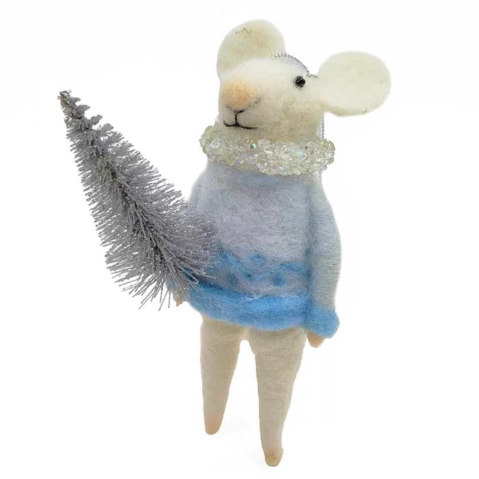 Christmas Forever ORN WOOL MOUSE HOLDING A TREE 5″ ICED BLUE/SILVER