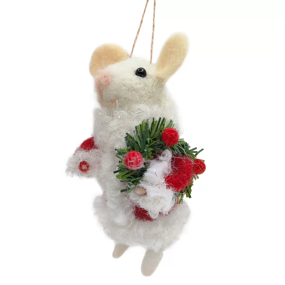 Christmas Forever ORN WOOL MOUSE HOLDING A WREATH 4.5″ RED/WHITE