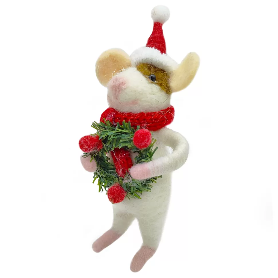 Christmas Forever ORN WOOL MOUSE HOLDING A WREATH 5.5″ RED/WHITE