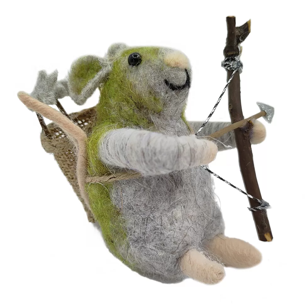 Christmas Forever ORN WOOL MOUSE HOLDING BOW & ARROW 4″ GREEN/GREY