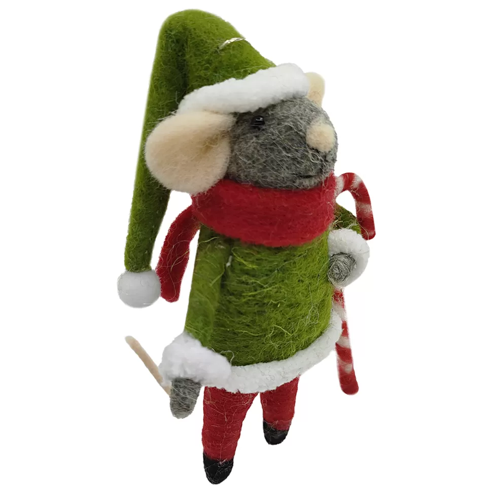 Christmas Forever ORN WOOL MOUSE HOLDING CANDY CANE 4.5″ RED/GREEN