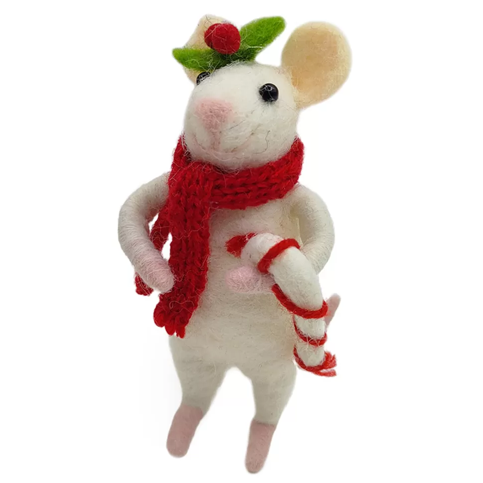 Christmas Forever ORN WOOL MOUSE HOLDING CANDY CANE 4.5″ RED/WHITE