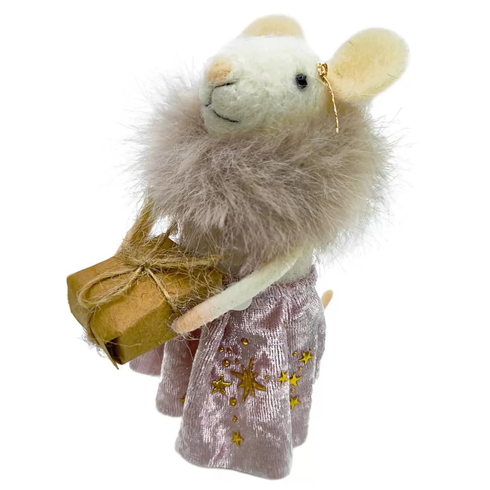 Christmas Forever ORN WOOL MOUSE HOLDING GIFT BOX 4.5″ PINK/ROSE GOLD