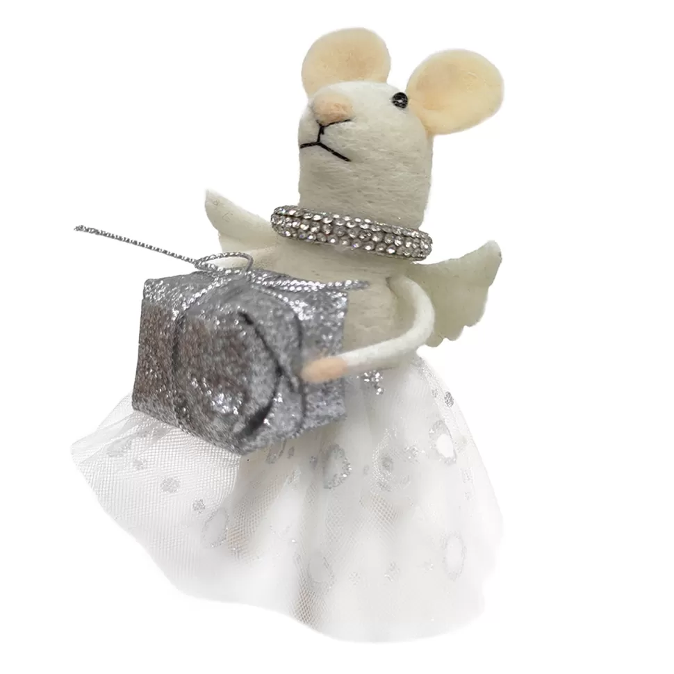 Christmas Forever ORN WOOL MOUSE HOLDING GIFTBOX 5″ SILVER/WHITE