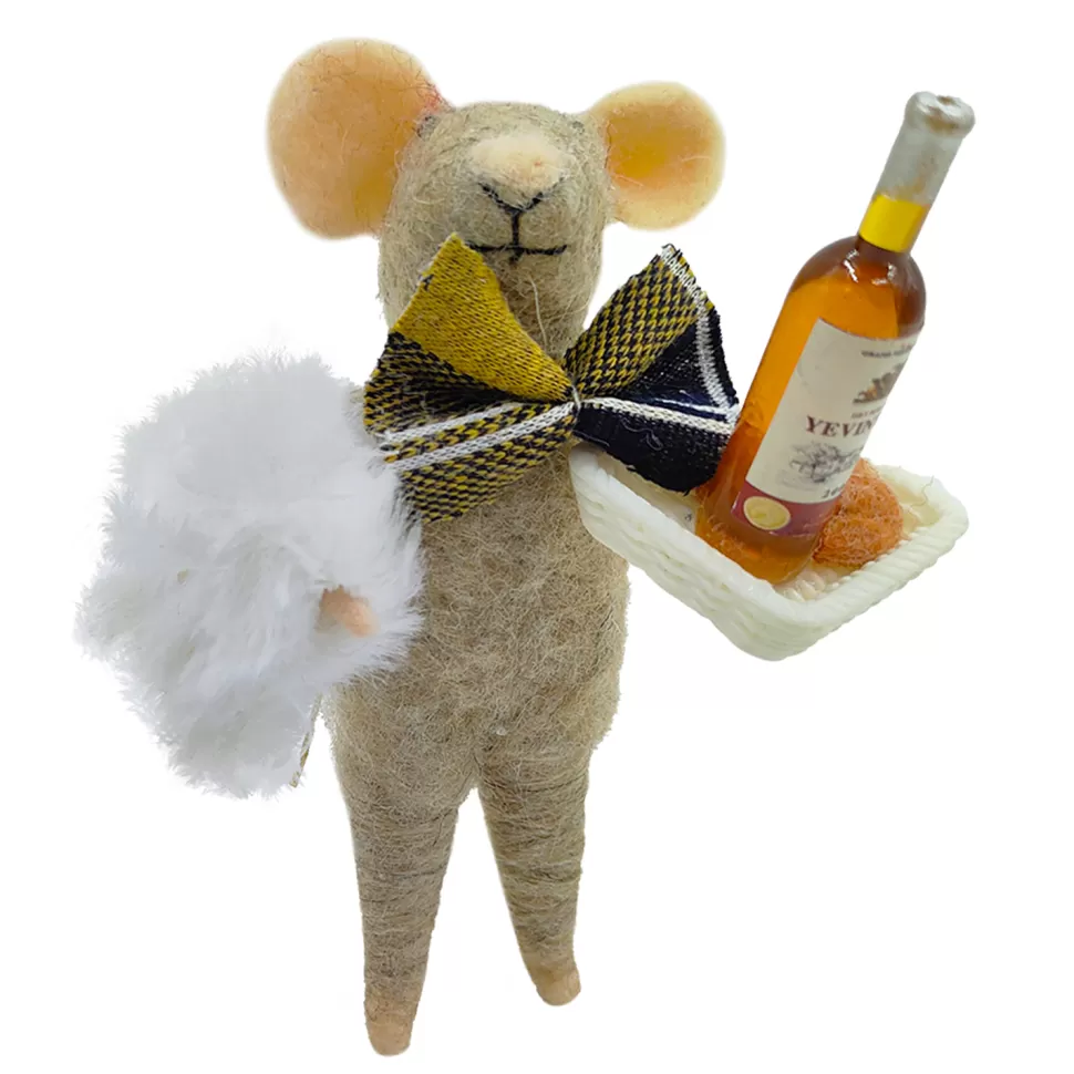 Christmas Forever ORN WOOL MOUSE HOLDING WINE BOTTLE 4.5″ BROWN/WHITE