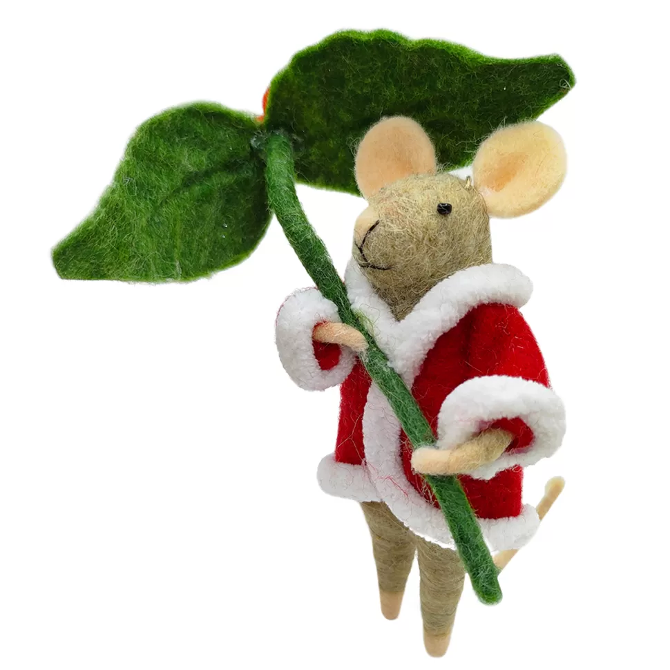 Christmas Forever ORN WOOL MOUSE HOLLY LEAF 6″ RED/GREEN