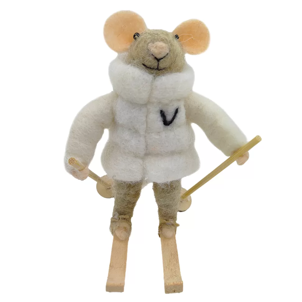 Christmas Forever ORN WOOL MOUSE SKIING 4.5″ CREAM/GREY