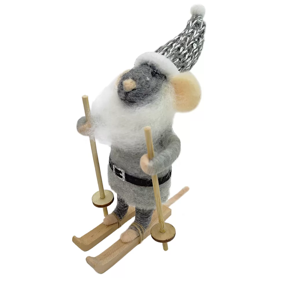 Christmas Forever ORN WOOL MOUSE SKIING 4.5″ GREY/BLACK