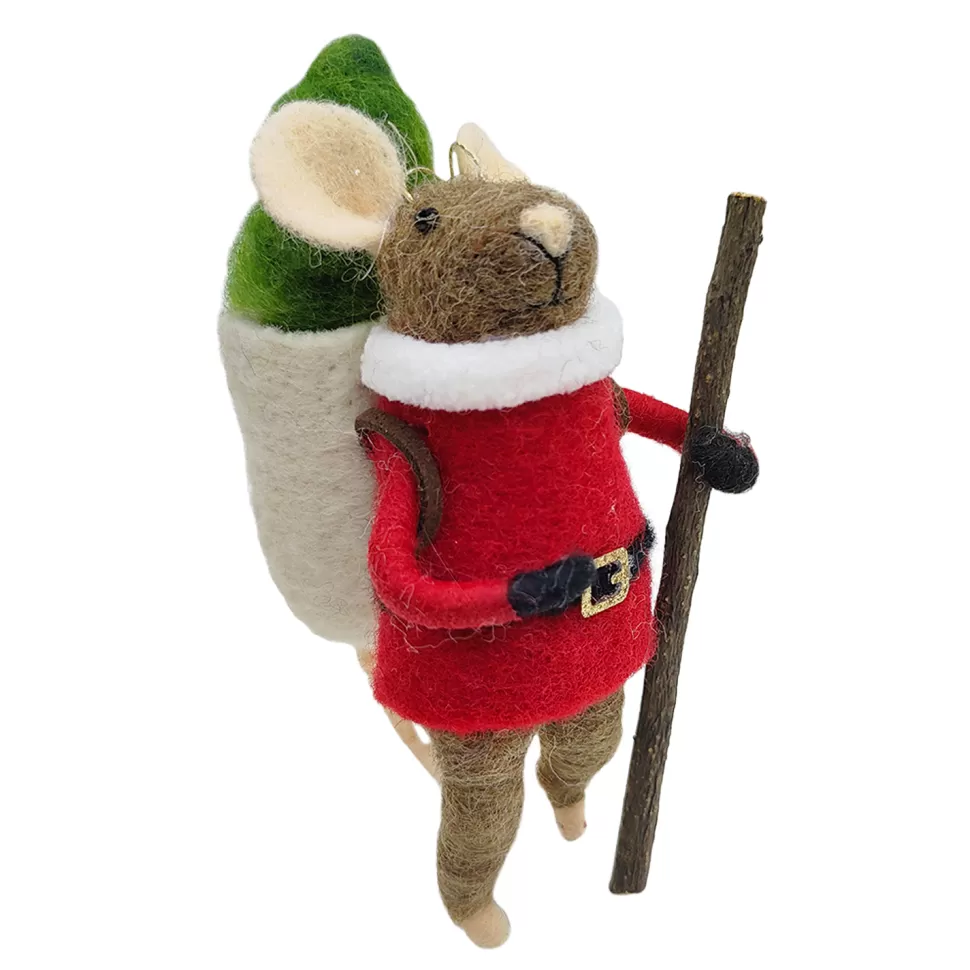 Christmas Forever ORN WOOL MOUSE W/ BAGPACK & TREE 5″ GREY/GREEN