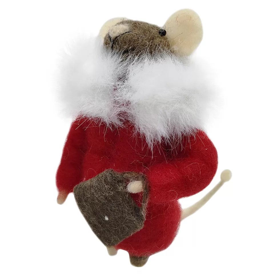 Christmas Forever ORN WOOL MOUSE W/ COAT & BAG 4.5″ RED