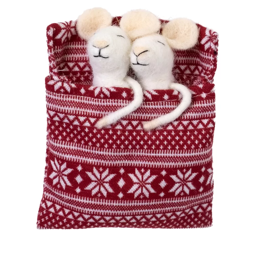 Christmas Forever ORN WOOL MOUSEx2 5″ SLEEPING IN BED RED NORDIC PRINT