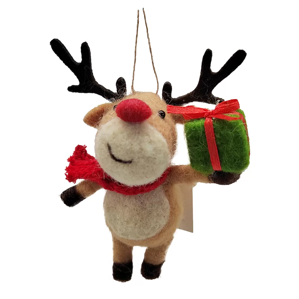Christmas Forever ORN WOOL REINDEER 5″X2″X4″ HOLDING GIFT