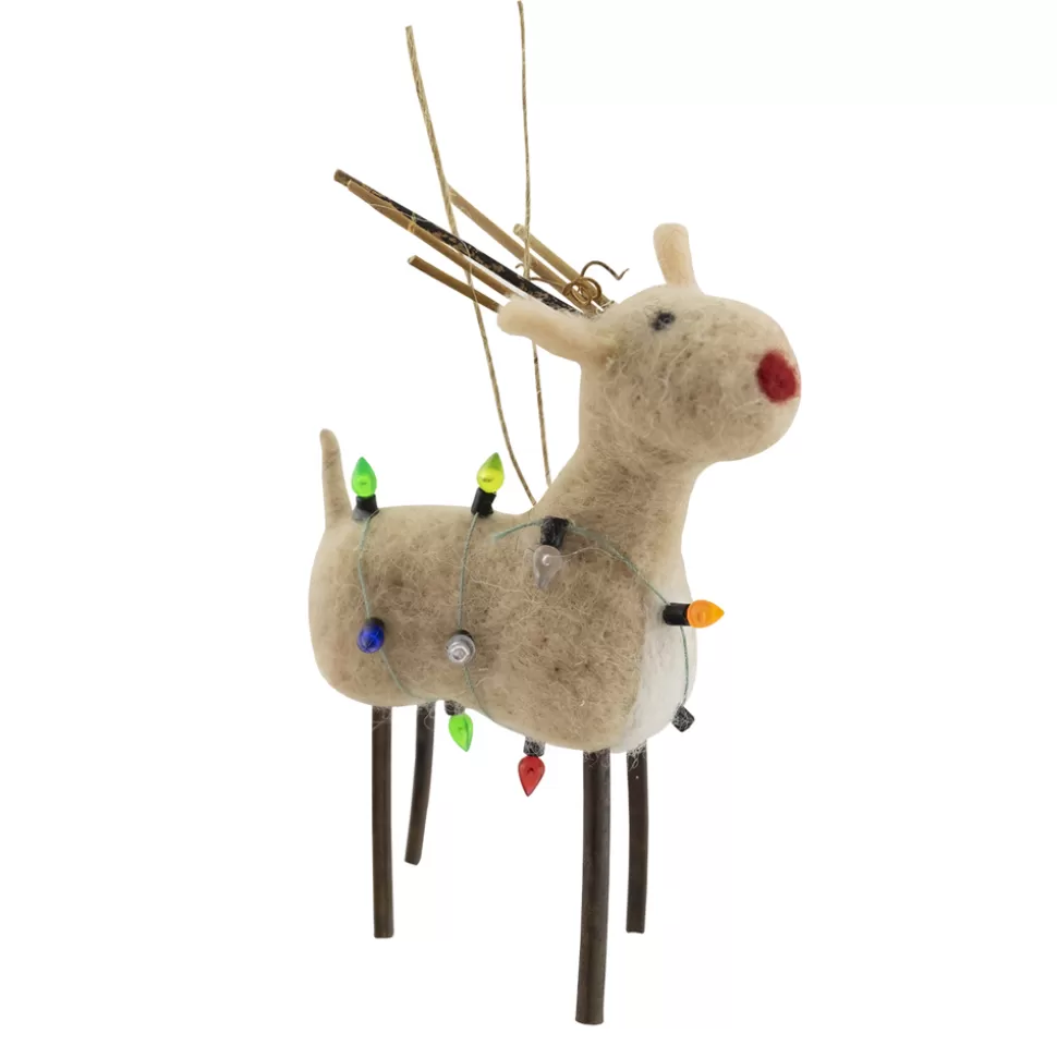 Christmas Forever ORN WOOL REINDEER 6″ BEIGE W/ MULTI COLOR LIGHT STRINGS