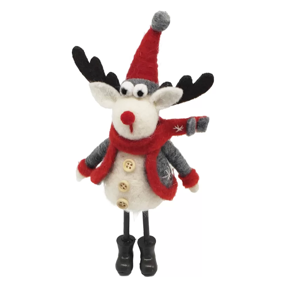 Christmas Forever ORN WOOL REINDEER STANDING W/ RED SCARF&HAT