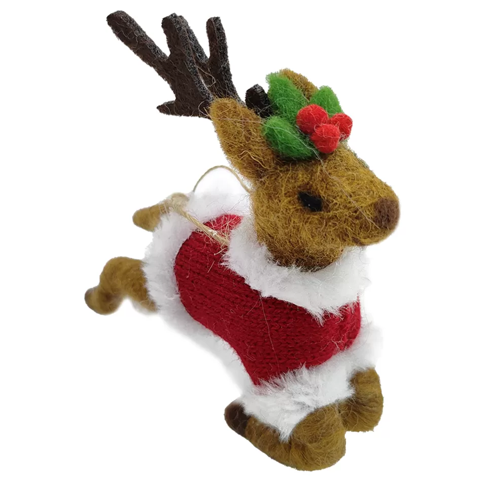 Christmas Forever ORN WOOL REINDEER JUMPING 6″ RED/BROWN