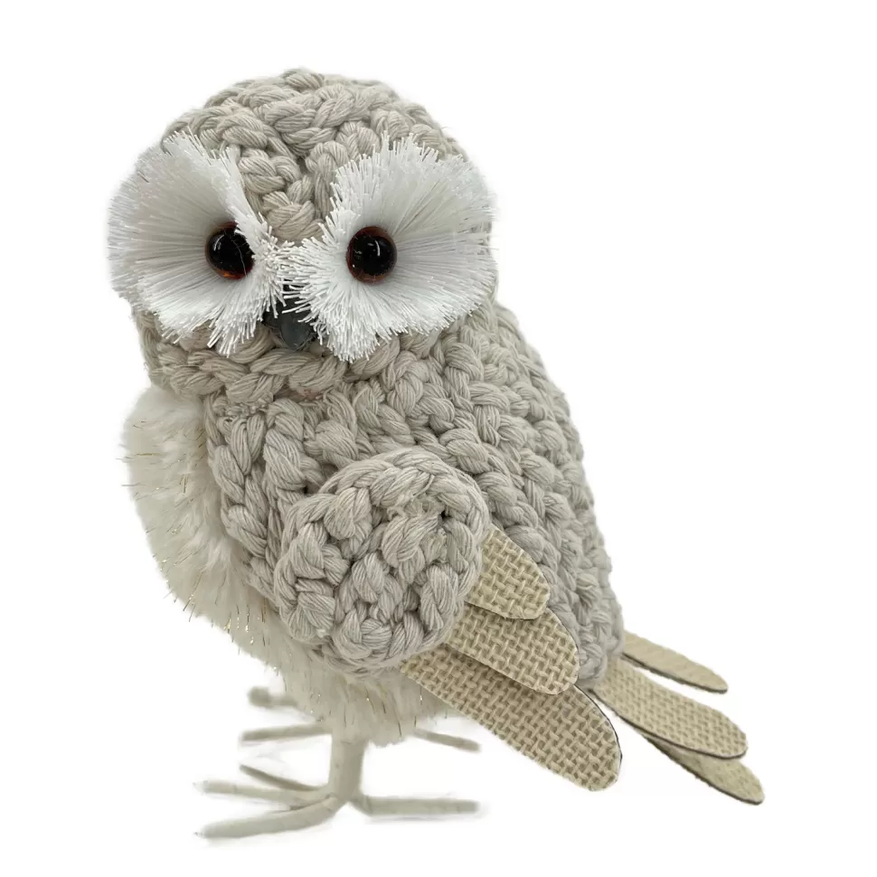 Christmas Forever OWL BEIGE STANDING FABRIC KNIT 6.5″x7.5″ W/ BURLAP WINGS