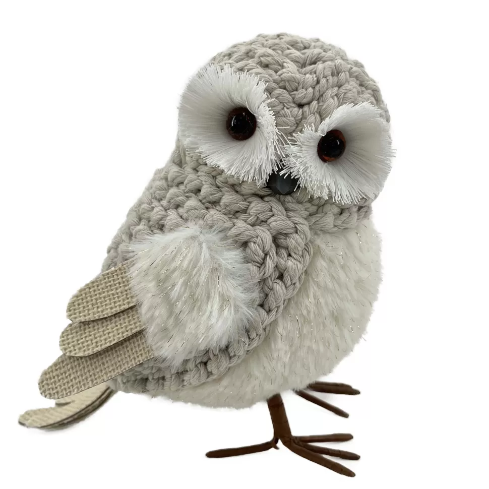 Christmas Forever OWL BEIGE STANDING FABRIC KNIT 8.5″x8.5″ W/ BURLAP WINGS