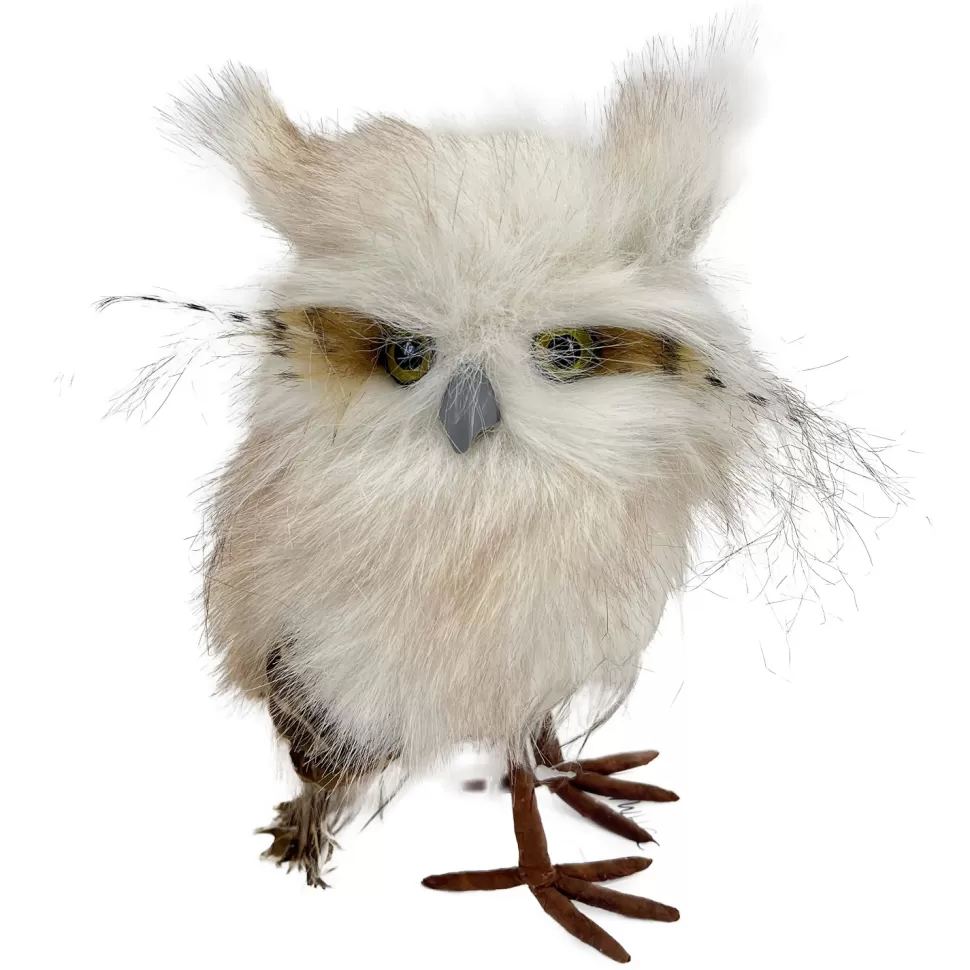 Christmas Forever OWL BEIGE STANDING FAUX FUR 4.5″x7″ W/ FEATHERS