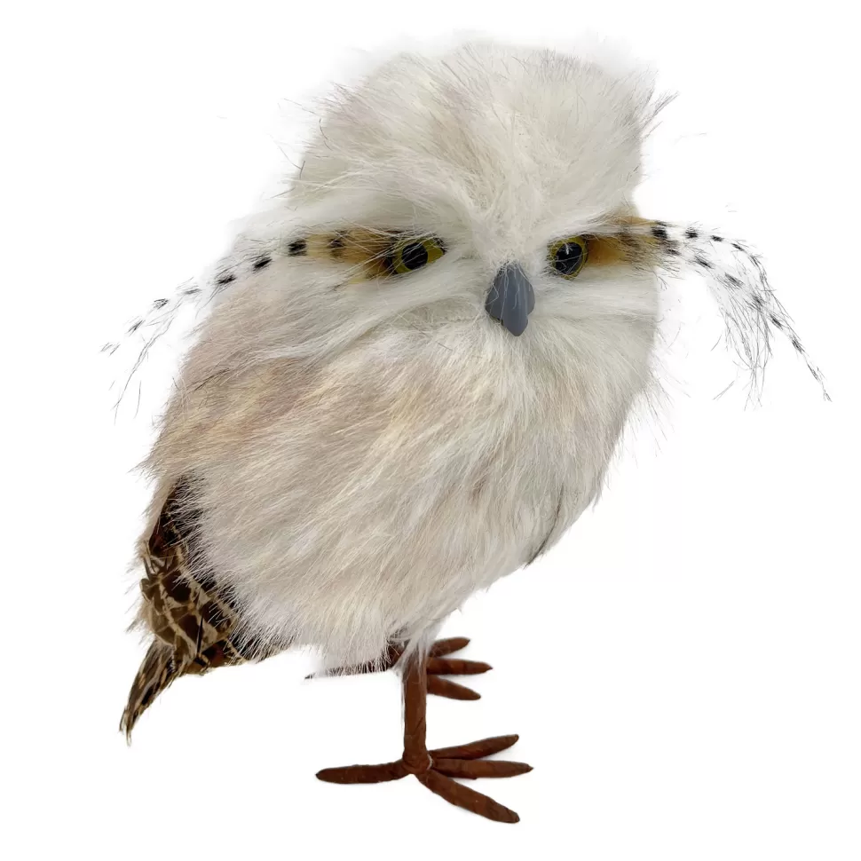 Christmas Forever OWL BEIGE STANDING FAUX FUR 5″x8.5″ W/ FEATHERS
