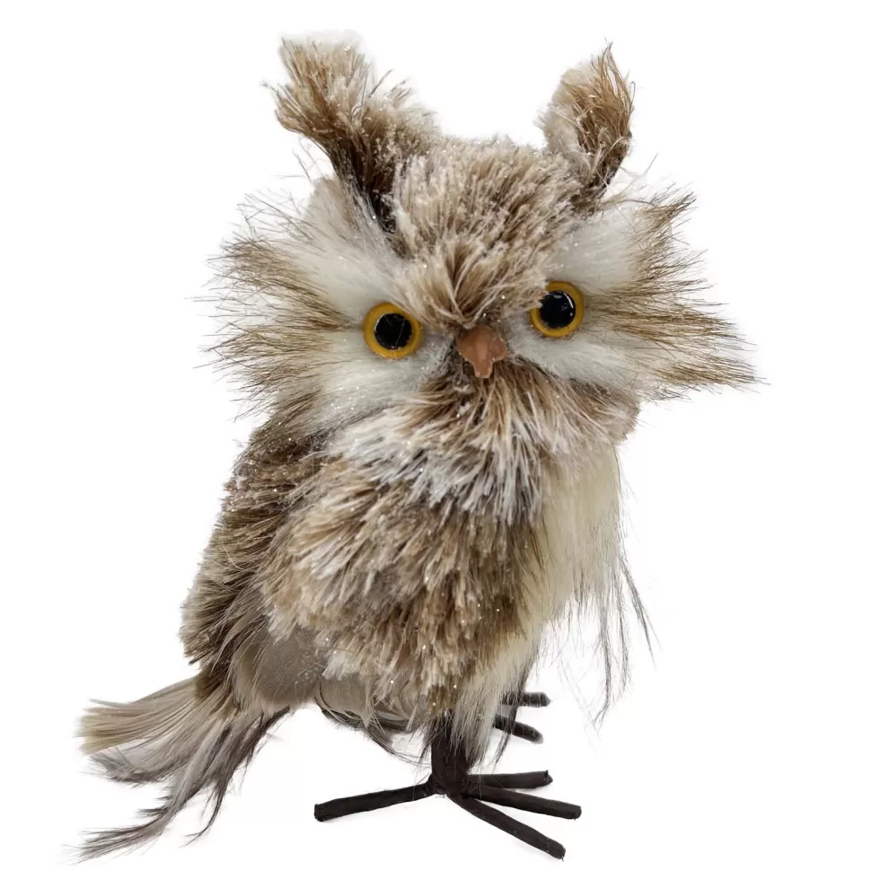 Christmas Forever OWL BROWN WHITE STANDING FAUX FUR 3″x6″ SNOW FLOCKED