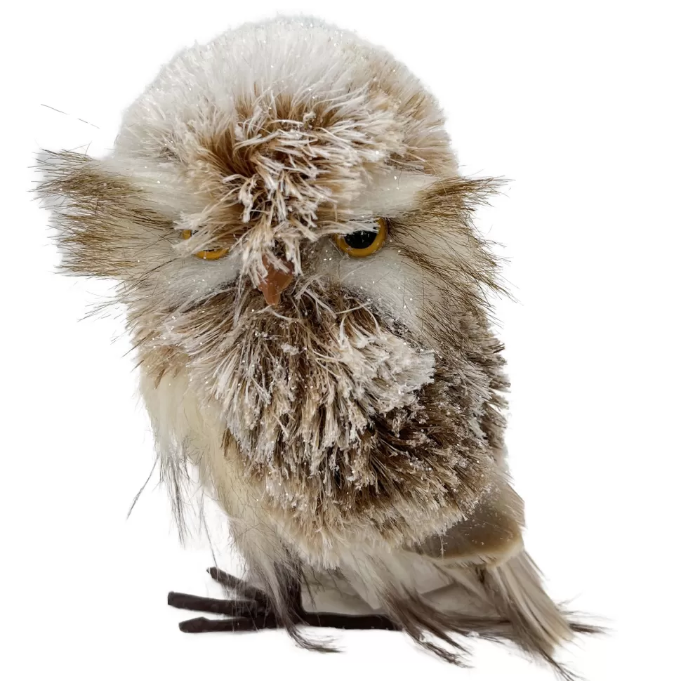 Christmas Forever OWL BROWN /WHITE STANDING FAUX FUR 4″x5.5″ SNOW FLOCKED