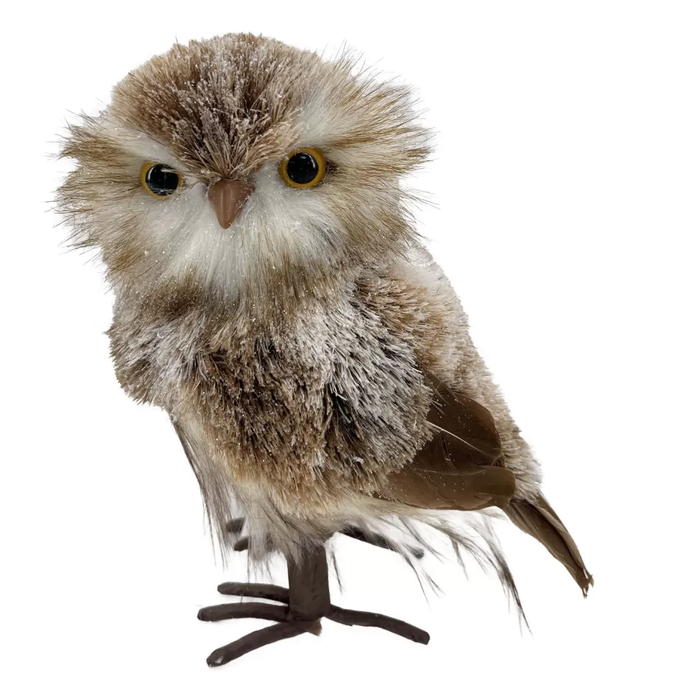 Christmas Forever OWL BROWN WHITE STANDING FAUX FUR BROWN/WHITE 5.5″x8.5″ SNOW FLOCKED