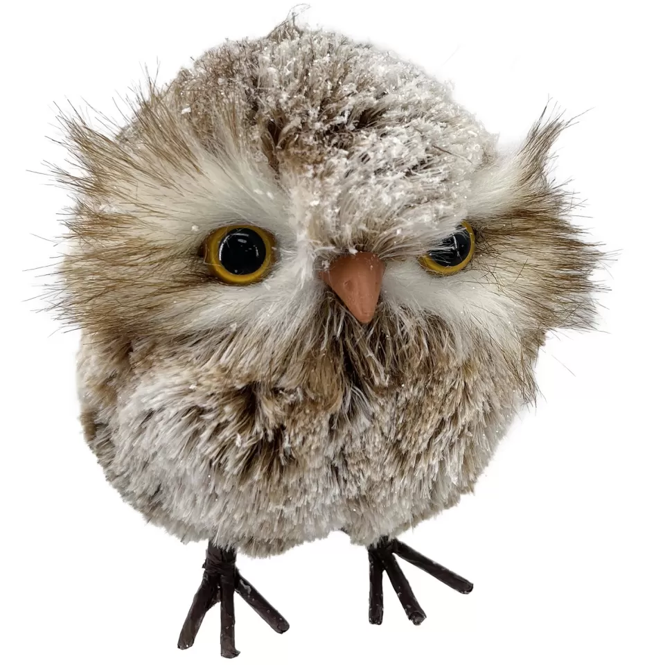 Christmas Forever OWL BROWN/WHITE STANDING FAUX FUR 4.5″x5″ SNOW FLOCKED