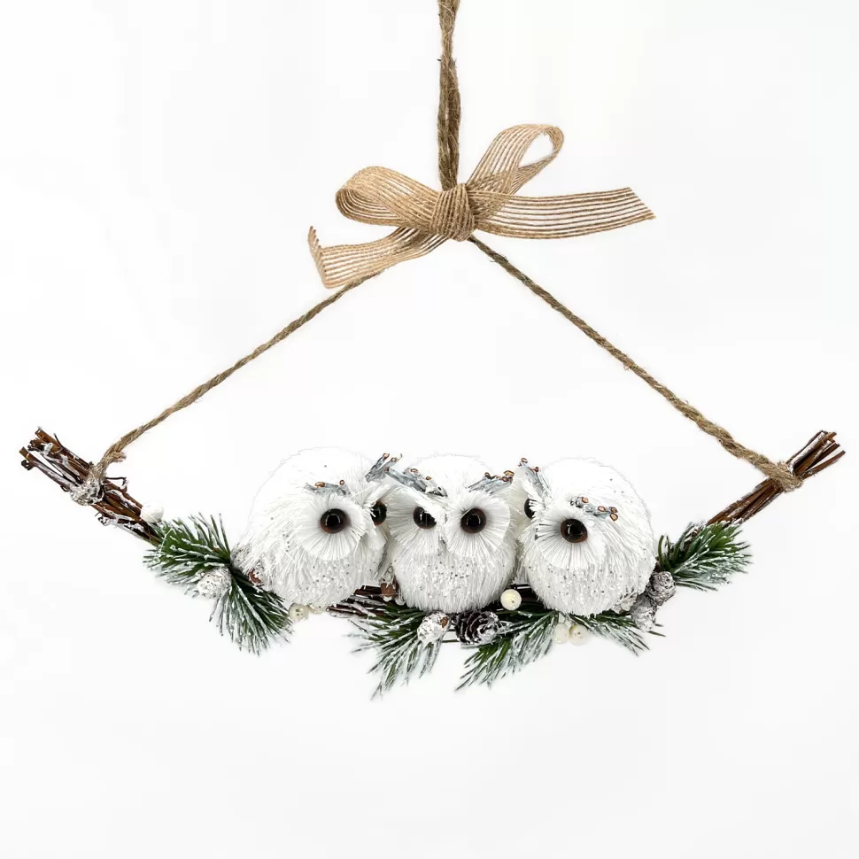 Christmas Forever OWL WHITE 10.5″X4″ ON FROSTED BRANCH W/ HANGER 3-OWLS