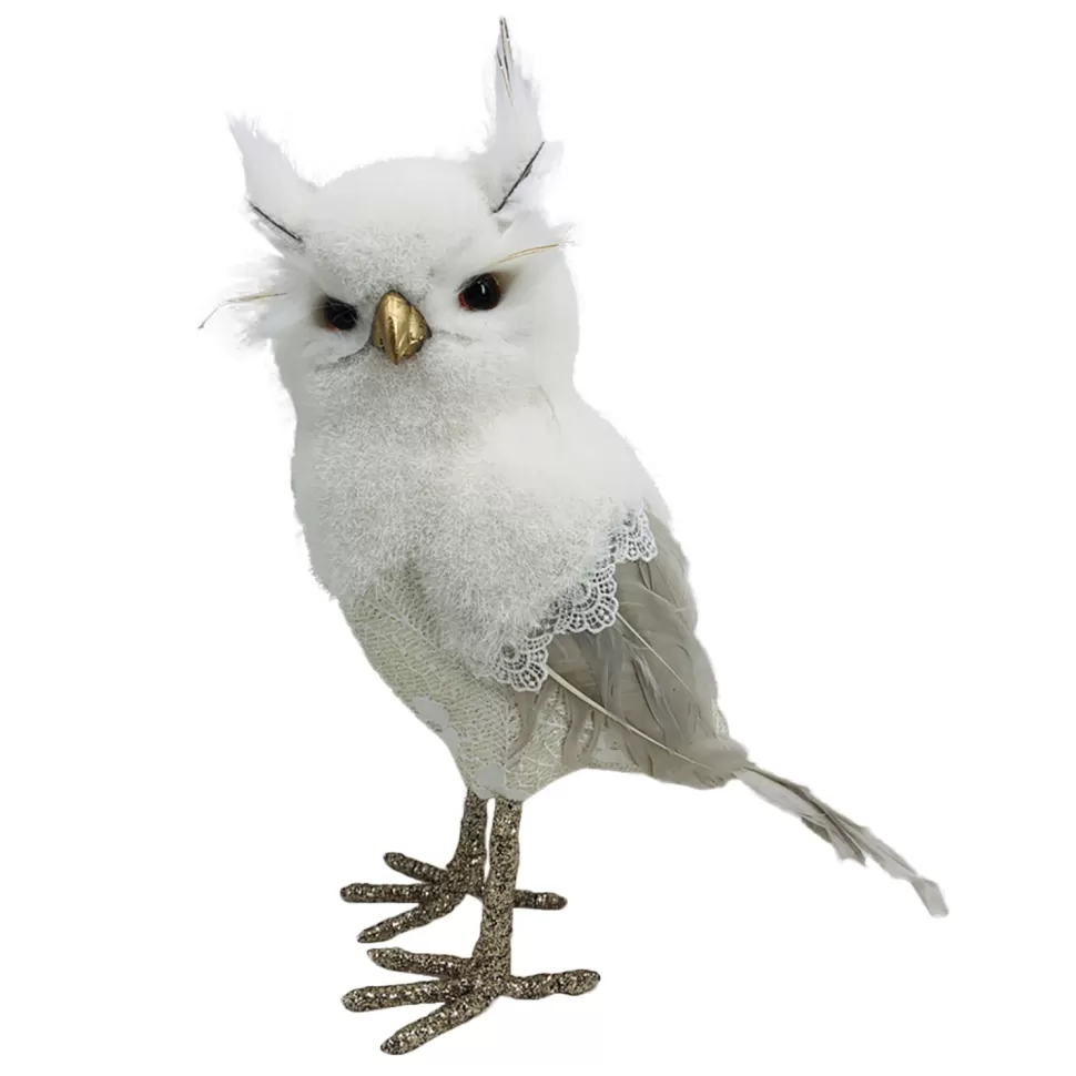 Christmas Forever OWL WHITE/ CREAM 10.5″ STANDING W/ LACE & FEATHER