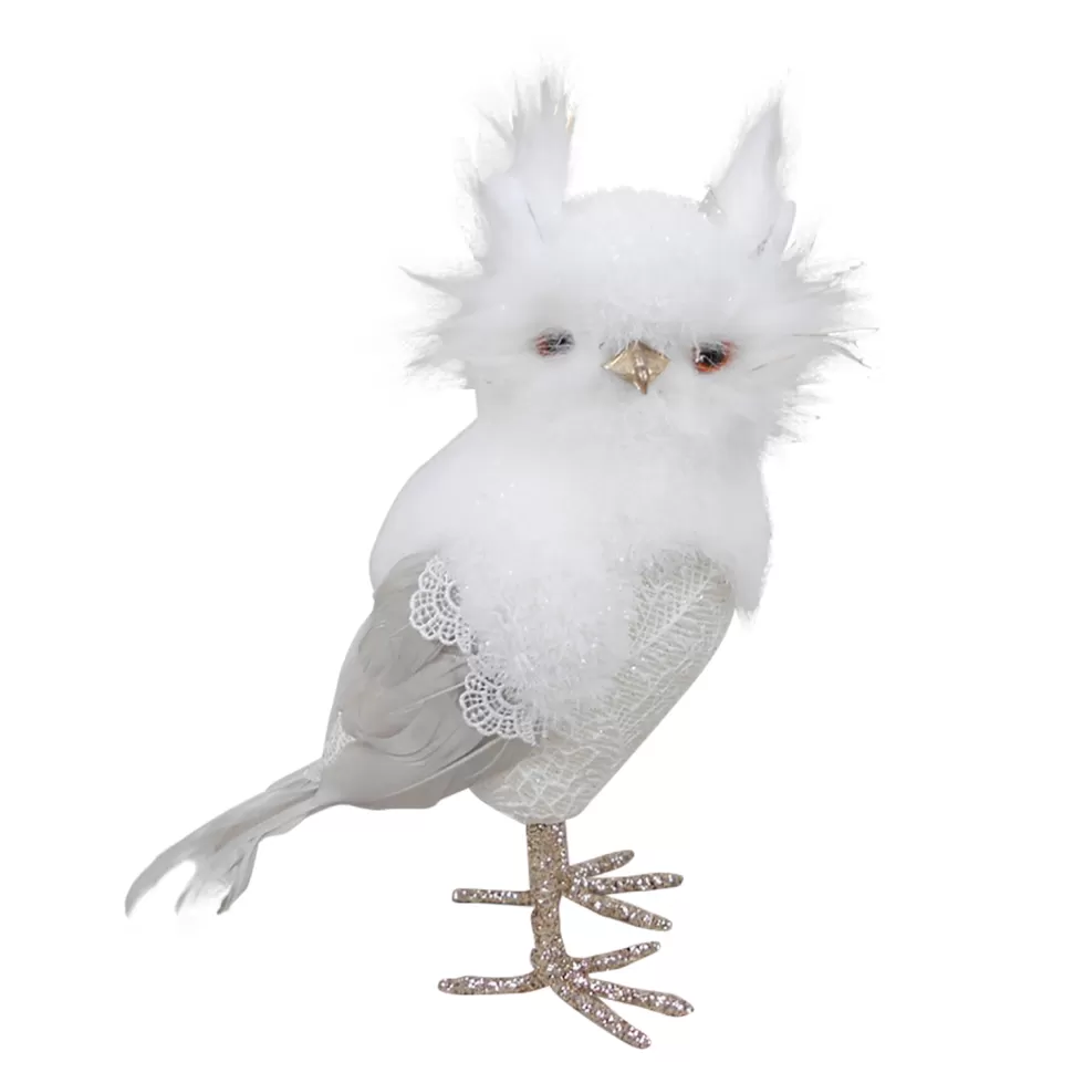 Christmas Forever OWL WHITE/ CREAM 8.5″ STANDING W/ LACE & FEATHER