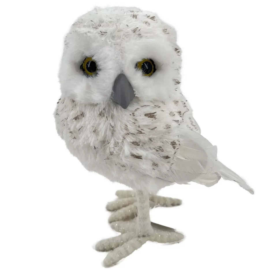 Christmas Forever OWL WHITE STANDING FABRIC & FAUX FUR 4″x5.5″ W/ FEATHERS