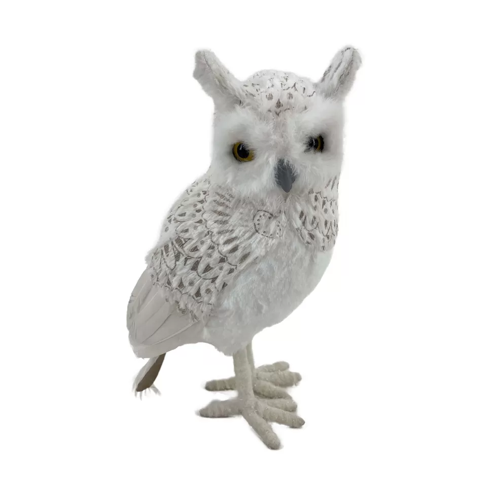 Christmas Forever OWL WHITE STANDING FABRIC & FAUX FUR 5.5″x9.5″ W/ FEATHERS