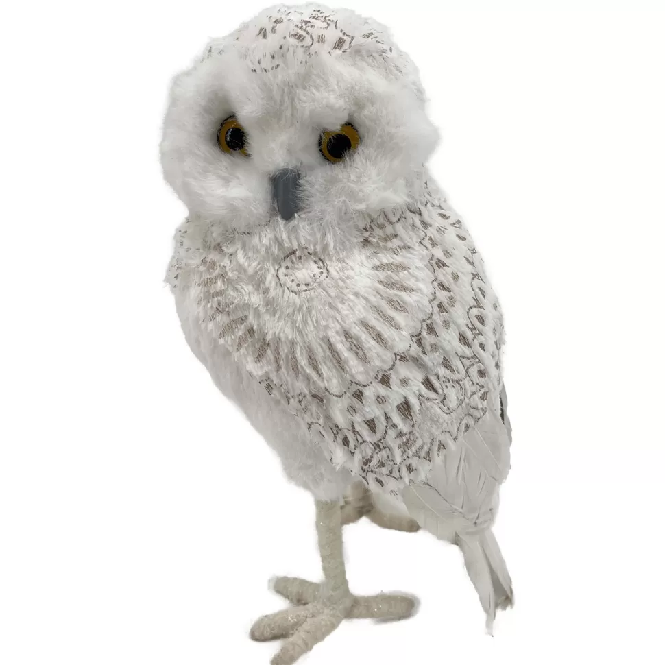 Christmas Forever OWL WHITE STANDING FABRIC & FAUX FUR 6″x10″ W/ FEATHERS
